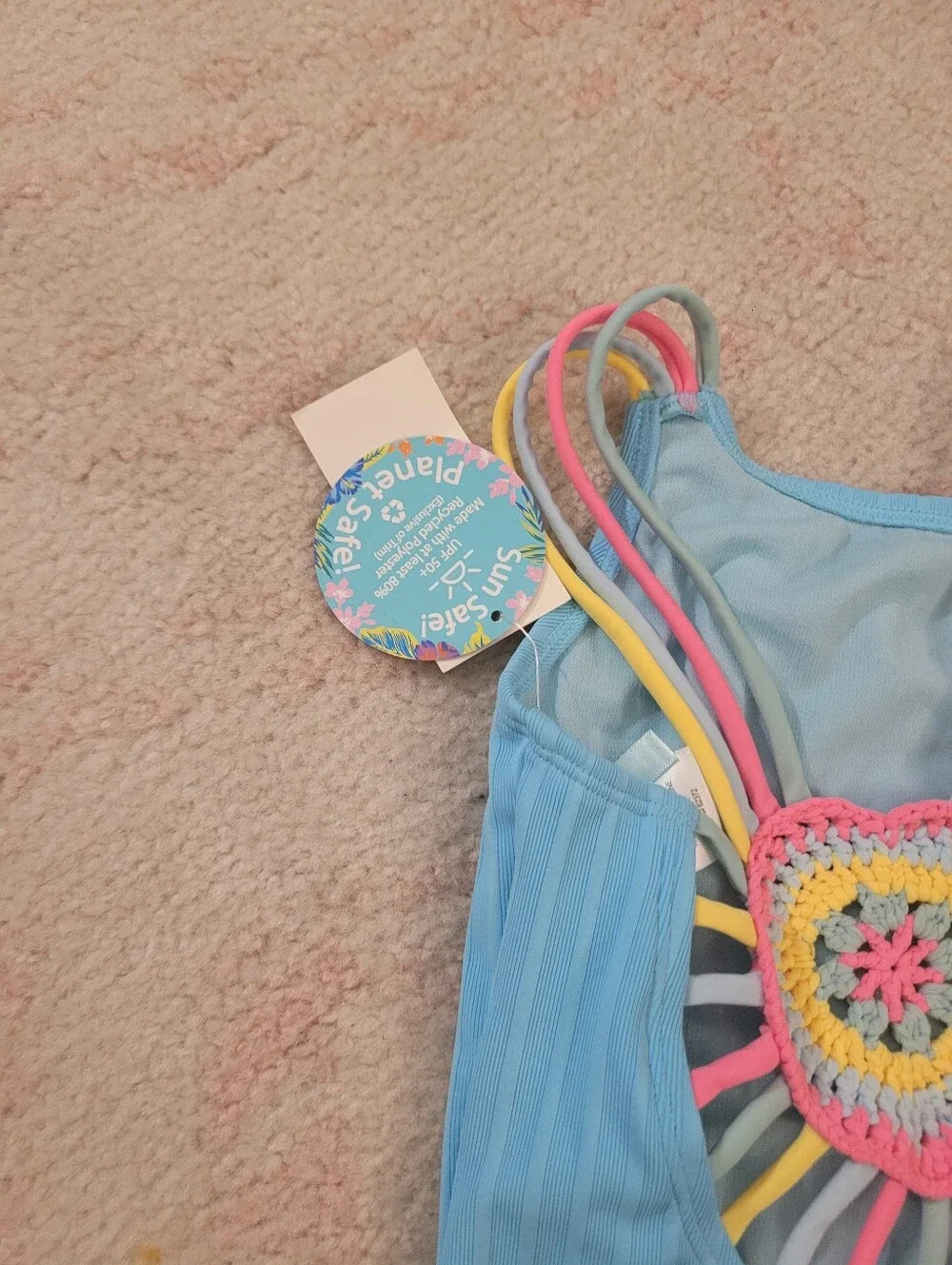 Light Blue Ribbed One-Piece Swimsuit with Multicolor Straps 6X